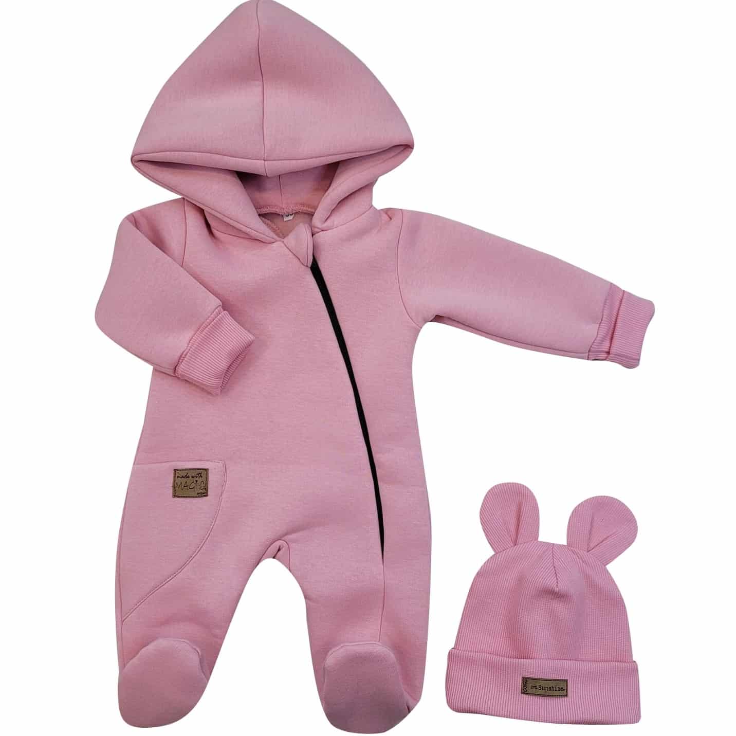 KAZUM KOMBINEZON Z OCIEPLANEJ DRESÓWKI BEZ STÓP + CZAPKA róż ZZ - 86