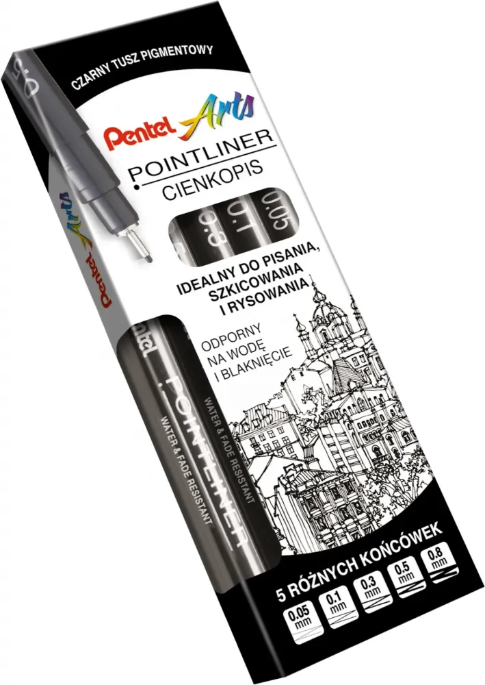 Cienkopis kalibrowany Pentel Pointliner, 5 sztuk, czarny