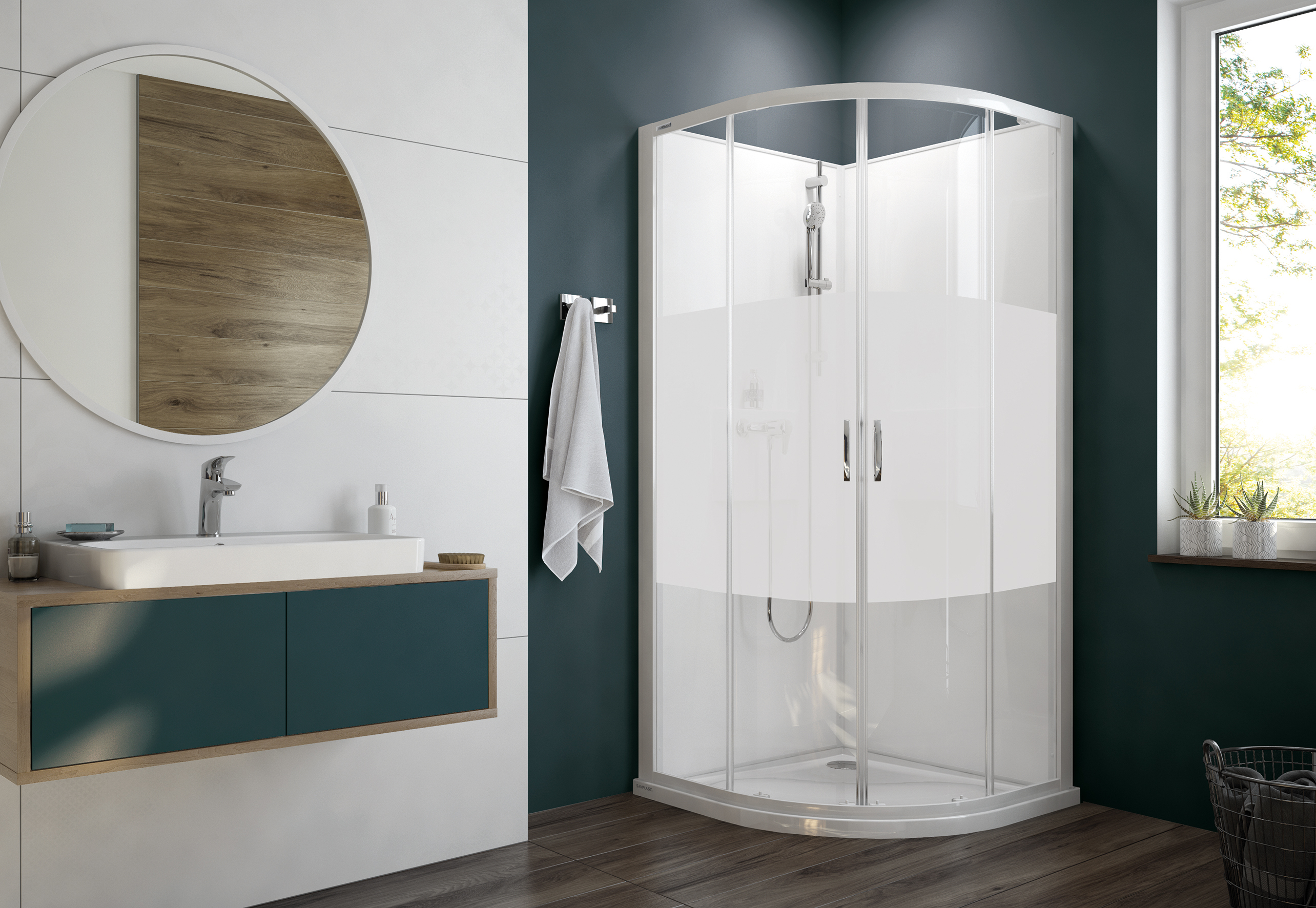 Sanplast Basic Complete Mineral kabina z brodzikiem i zestawem prysznicowym 90x90 cm półokrągła biały połysk/szkło ze wzorem ...