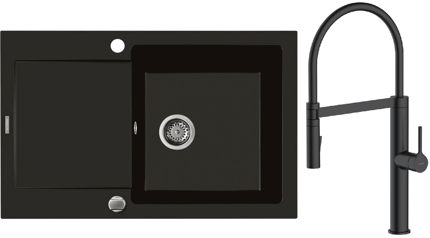 Zestaw Oltens Gravan zlewozmywak granitowy 1-komorowy 79x50 cm z baterią kuchenną Borga czarny mat (72100300, 35207300) - Wysyłka w 24h