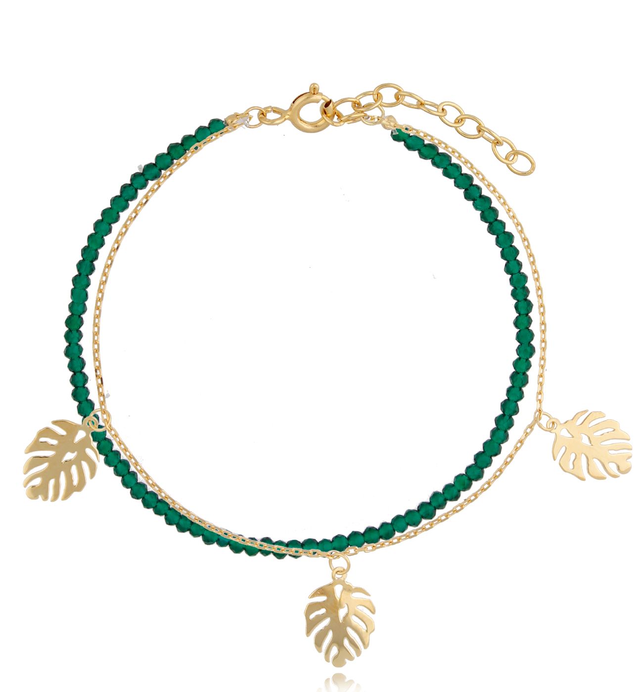 Bransoletka z zielonymi onyksami i liściami monstery Green Valley - By Dziubeka