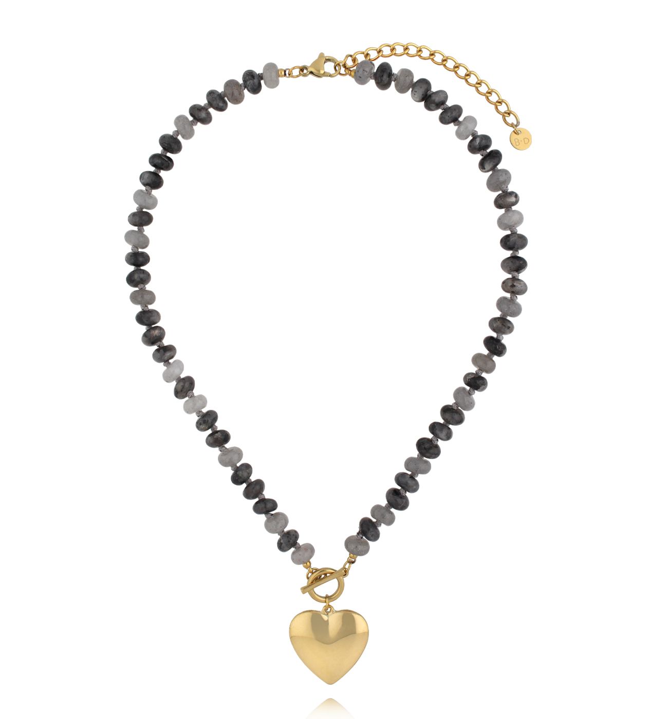 Naszyjnik z szarych jadeitów i złotym sercem NPA1508