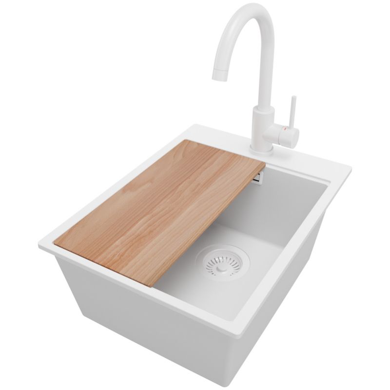 Zlewozmywak Granitowy Oslo PRIMAGRAN Nablatowy 38x50cm do szafki od 40cm z Syfonem i Baterią i Dodatkiem Cały Biały 1 szt.