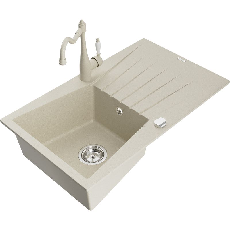 Zlewozmywak granitowy 1-komorowy Mexen Cesar z ociekaczem i baterią kuchenną Carla beżowy 6514-69-670700-69