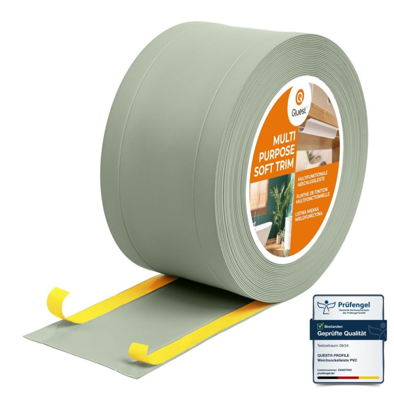 Listwa wykończeniowa W1 z PCV 6w1 75mm, QUEST samoprzylepna, maskująca elastyczna listwa podłogowa, ścienna, jasnozielony, 10m