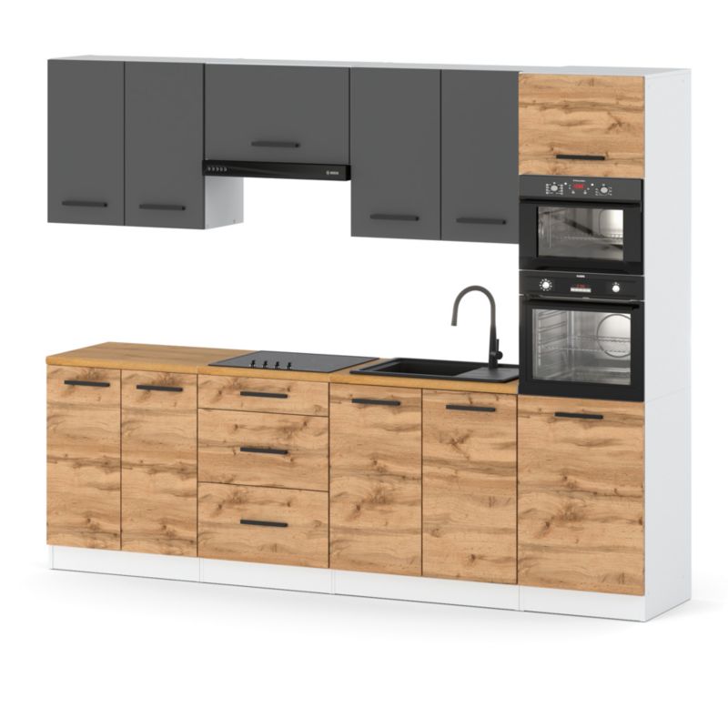 Zestaw Kuchenny Hurtownia-Mebli Z Blatem Kuchnia Marra 260cm Biały Mat Szary Mat/Dąb Wotan 260x47x217 cm 1szt.
