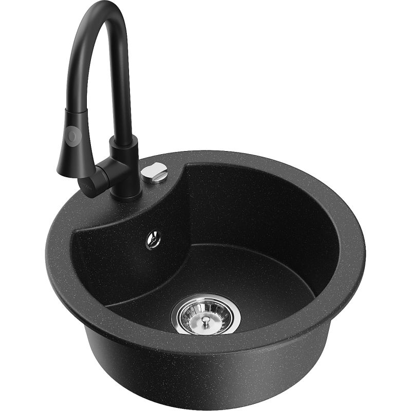 Zlewozmywak granitowy 1-komorowy Mexen Diego z baterią kuchenną Elia czarny/złoty metalik - 6512-75-670101-70 1 szt.