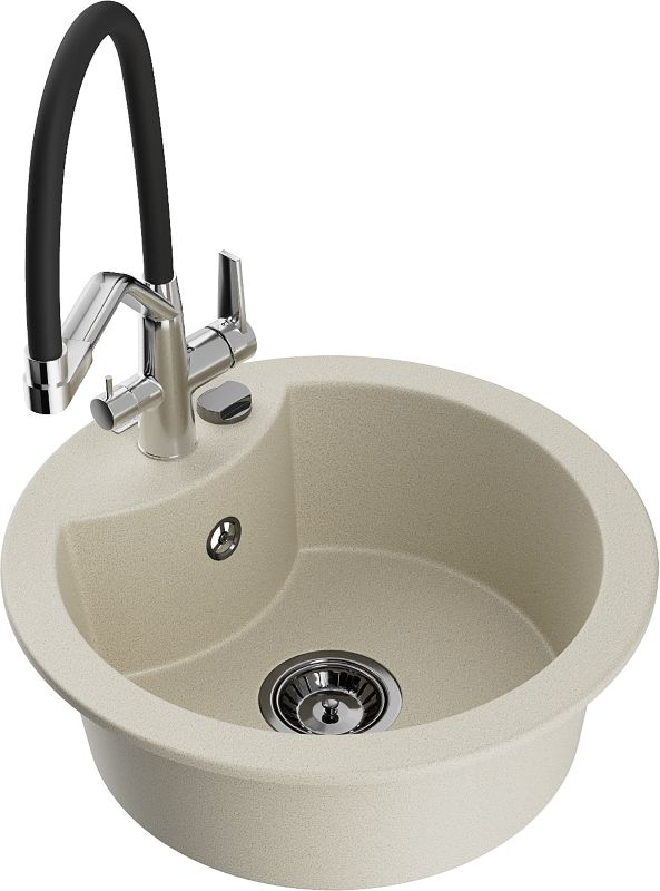 Zlewozmywak granitowy Mexen Diego 1-komorowy z baterią kuchenną Duo beżowy 6512-69-671701-07-B