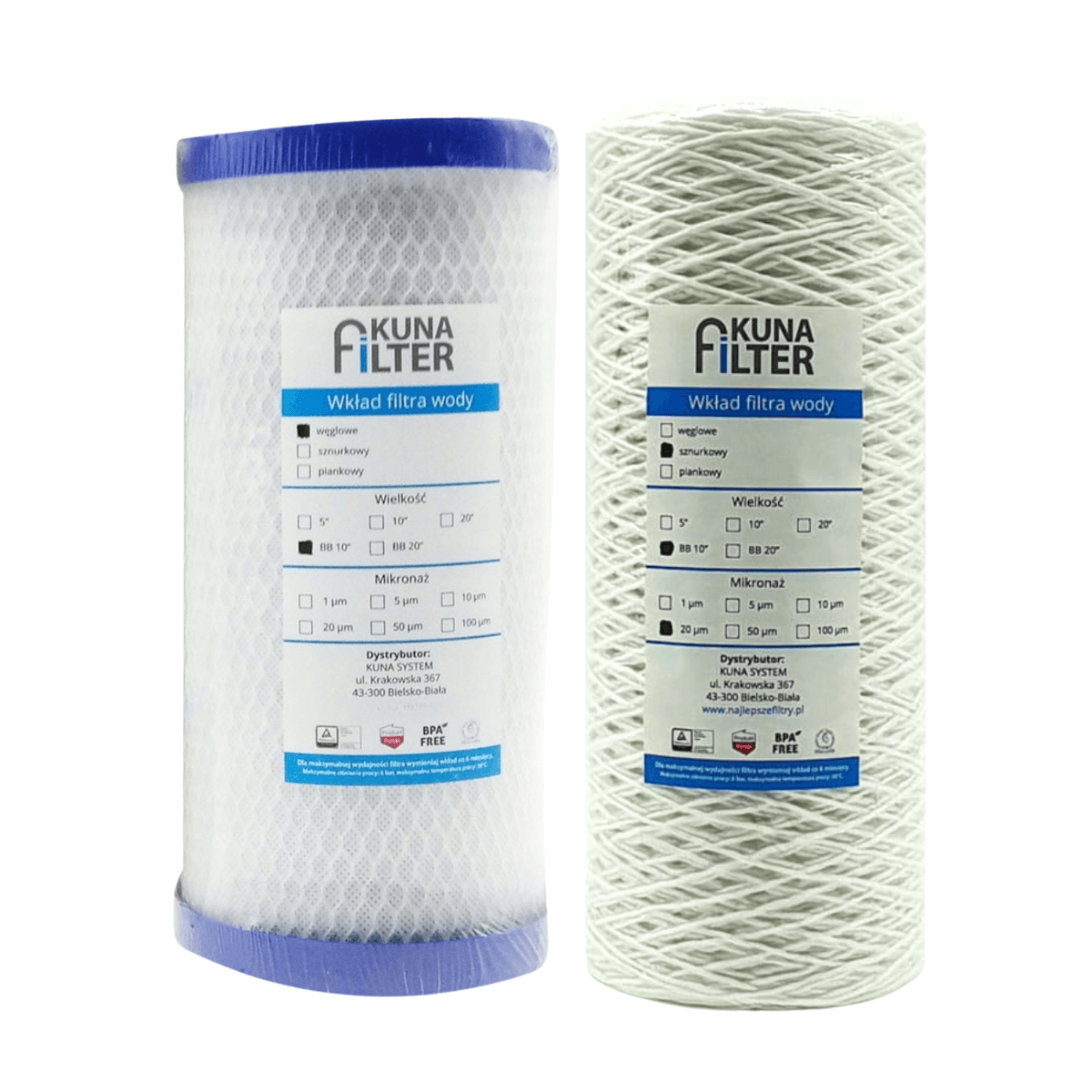 Filtry do korpusu BB10. Zestaw filtr sznurkowy i filtr węglowy.