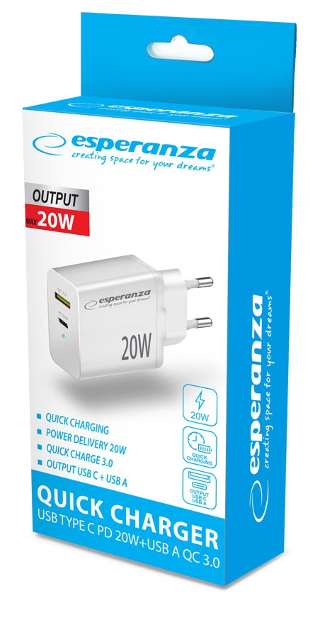 ESPERANZA Ładowarka 20W EZC105W USB+USBC - Henryx24