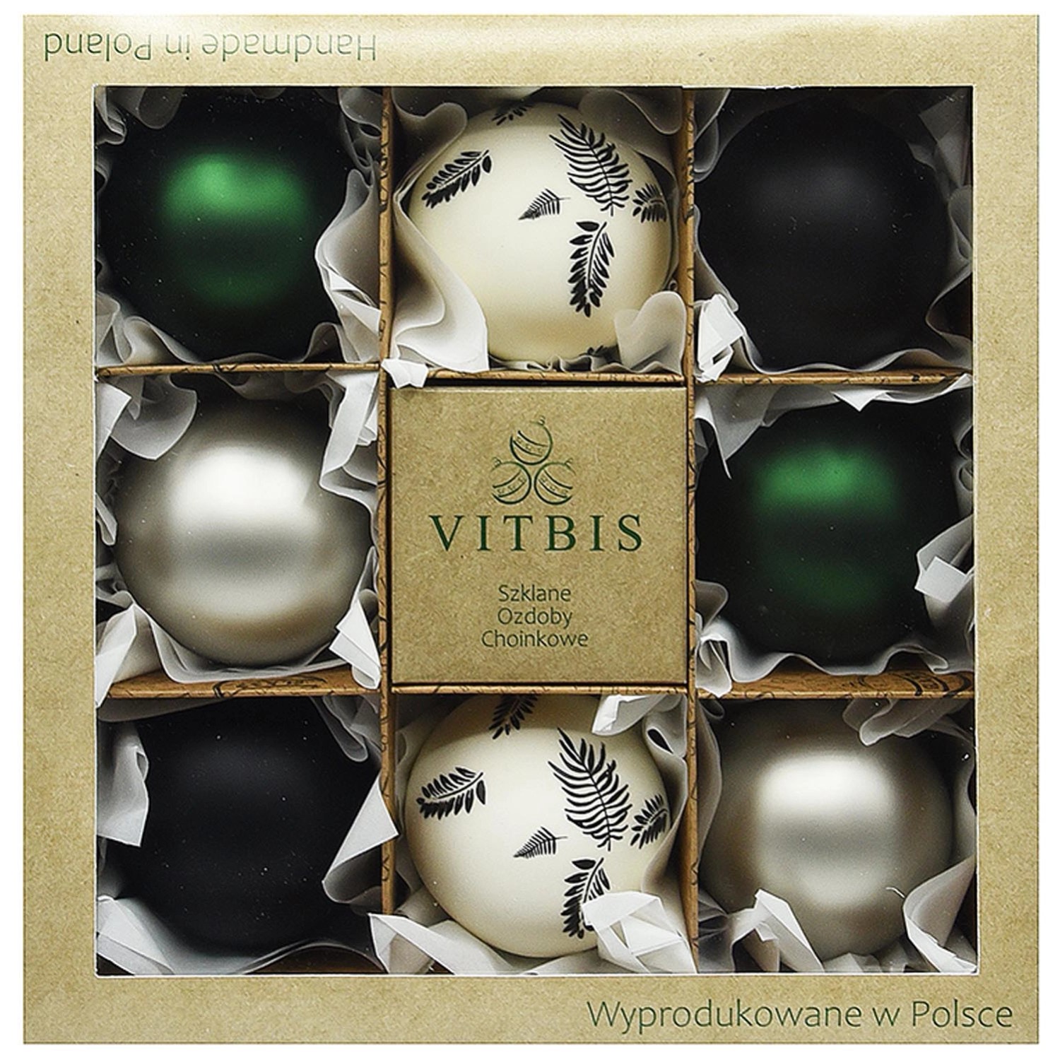 Bombki szklane gładkie z dekorem zielono-szarym śr. 8 cm - 8 szt.