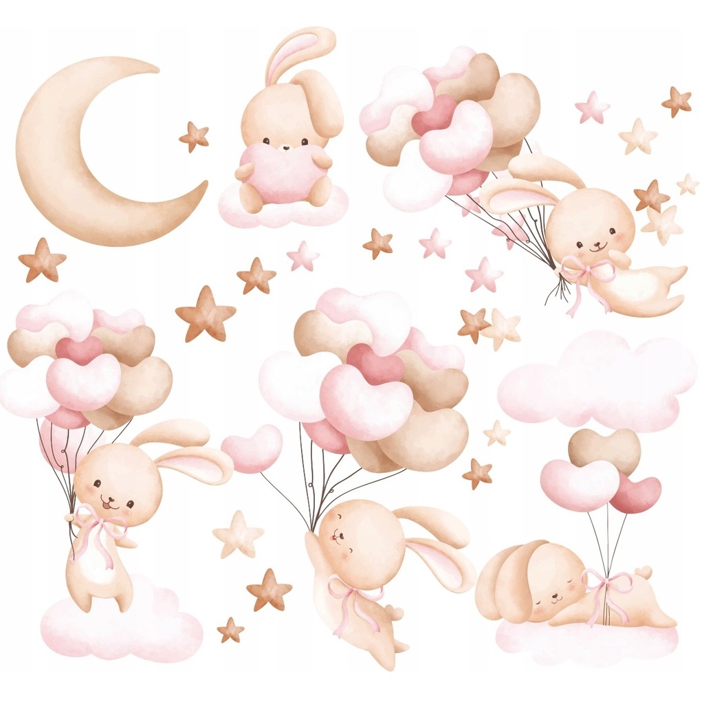 Zestaw Naklejek Ściennych Króliki Balony i Chmurki 50x100cm AL