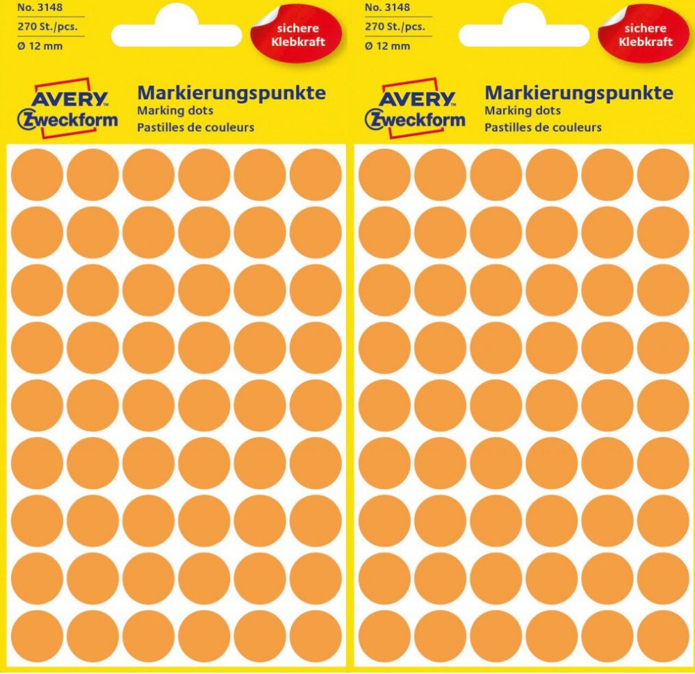 2x Etykiety Avery Zweckform, okrągłe, średnica 12mm, 270 sztuk, pomarańczowy neonowy