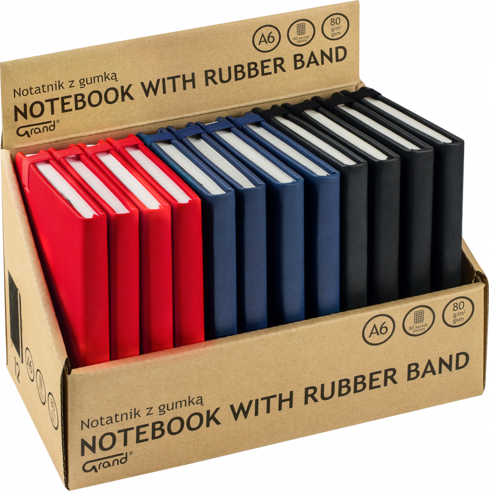 12x Notatnik w kratkę Grand, A6, z gumką, twarda oprawa, 80 kartek, mix kolorów