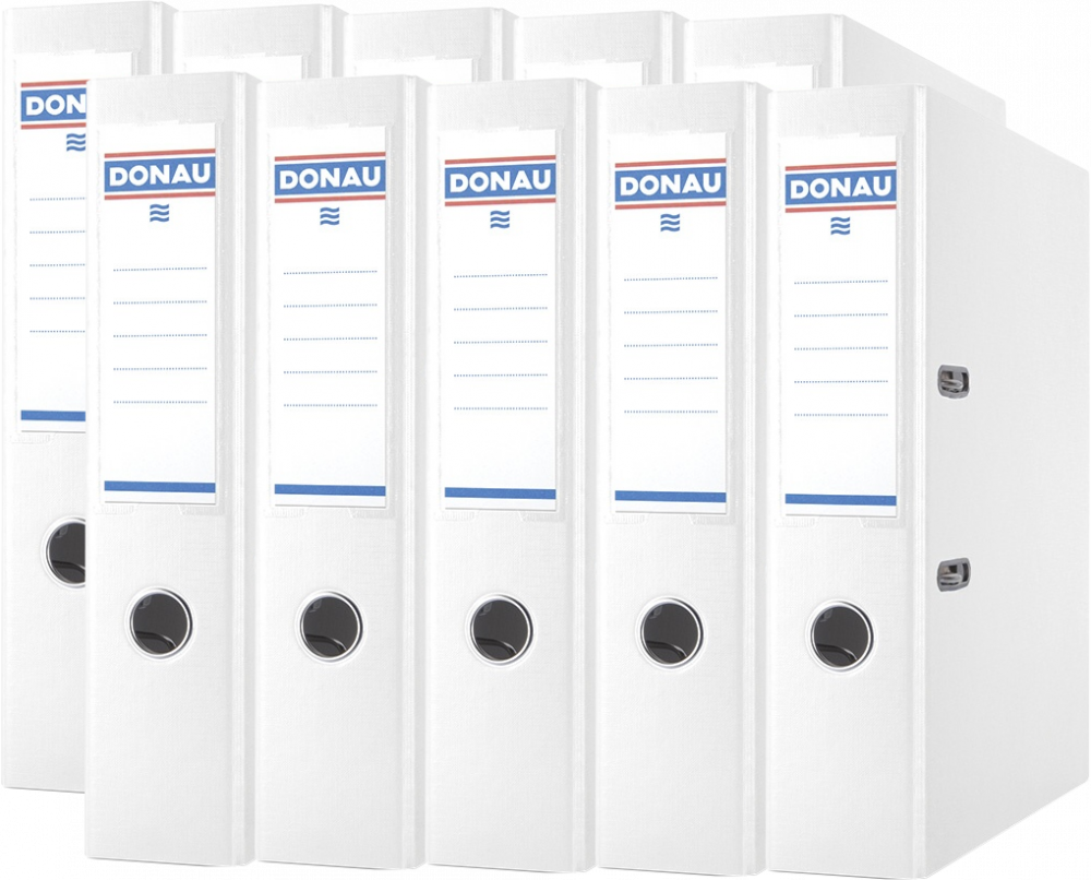 10x Segregator A4 Donau Master, szerokość grzbietu 75mm, do 500 kartek, biały
