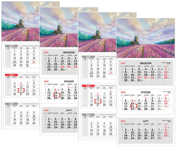 4x Kalendarz ścienny 2026, Udziałowiec, trójdzielny, 310x680mm pejzaże