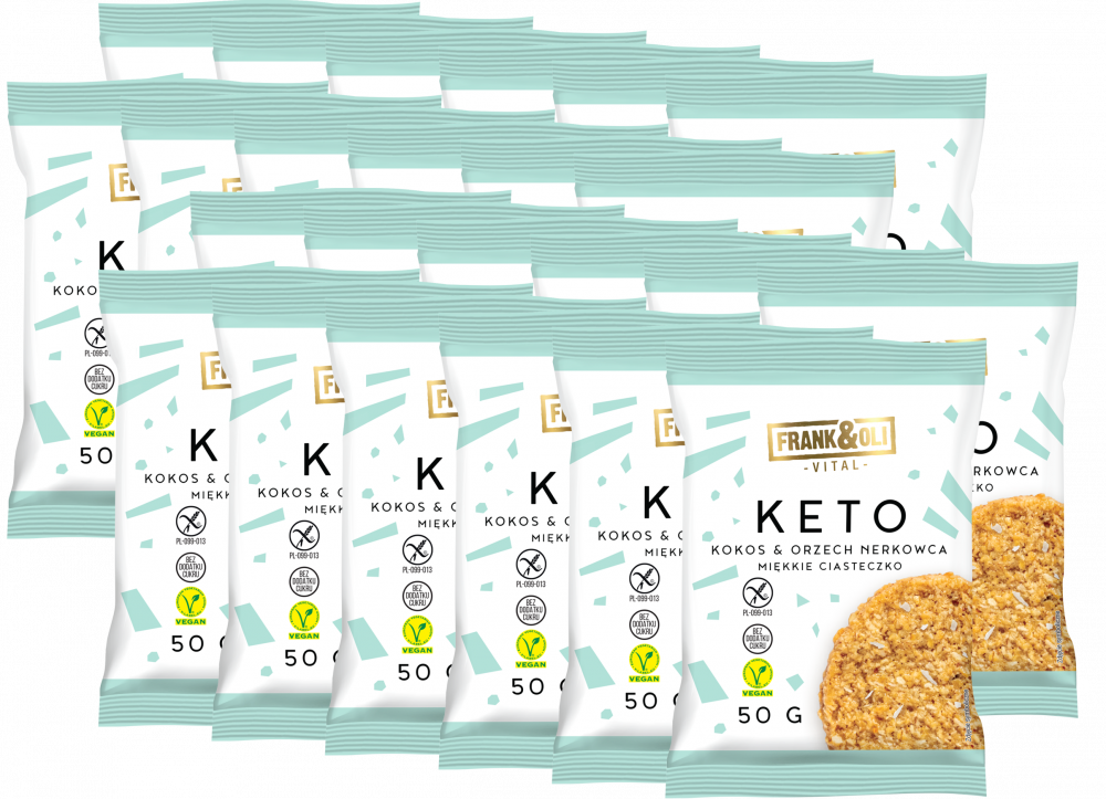 24x Miękkie ciasteczko Keto Frank&Oli, kokos + orzech nerkowca, bez cukru, 50g