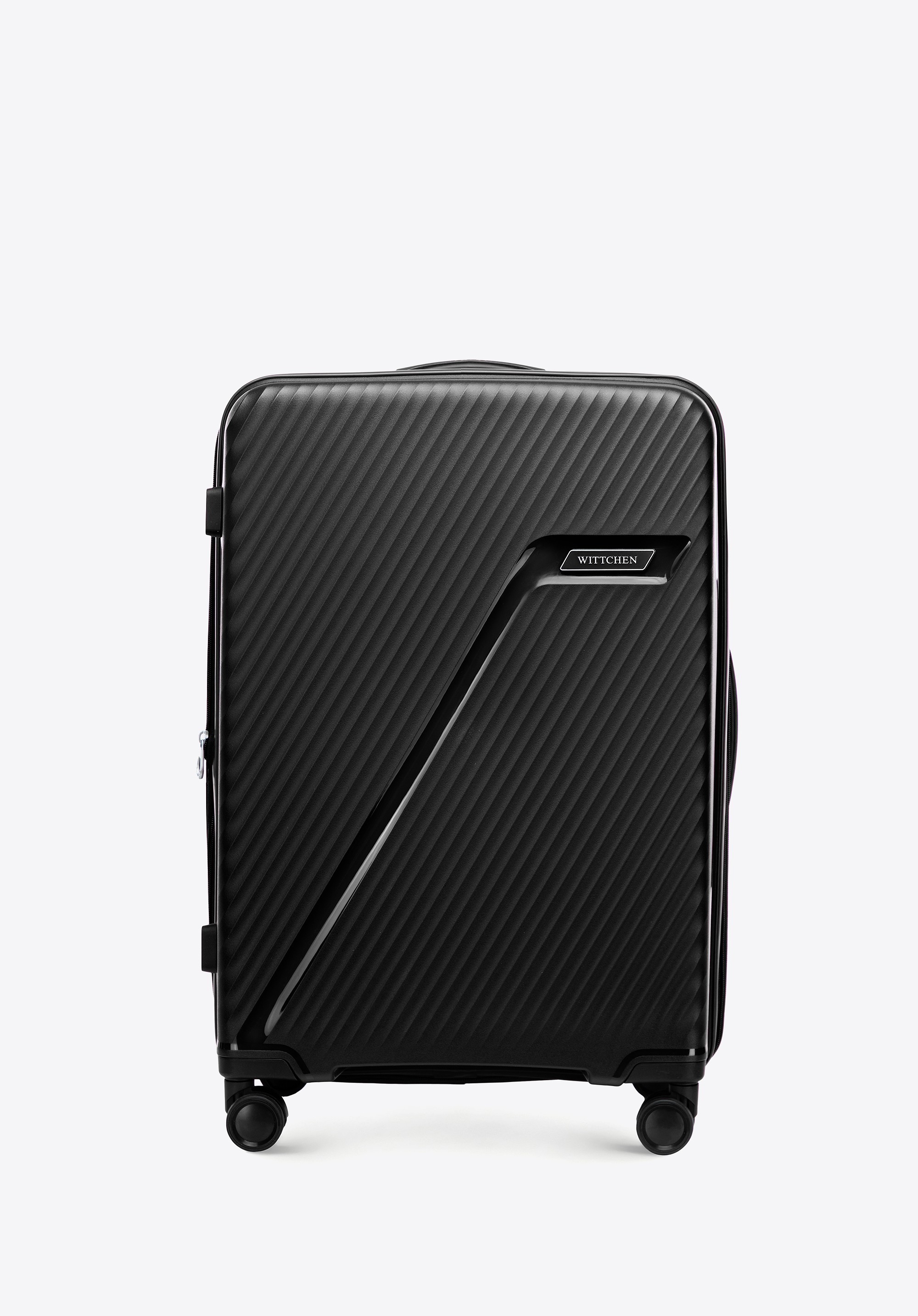 Średnia walizka z polipropylenu w ukośne pasy czarno - srebrna