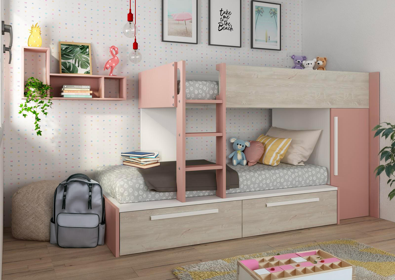 Łóżko piętrowe z szafą i szufladami Cascina - Antyczny róż