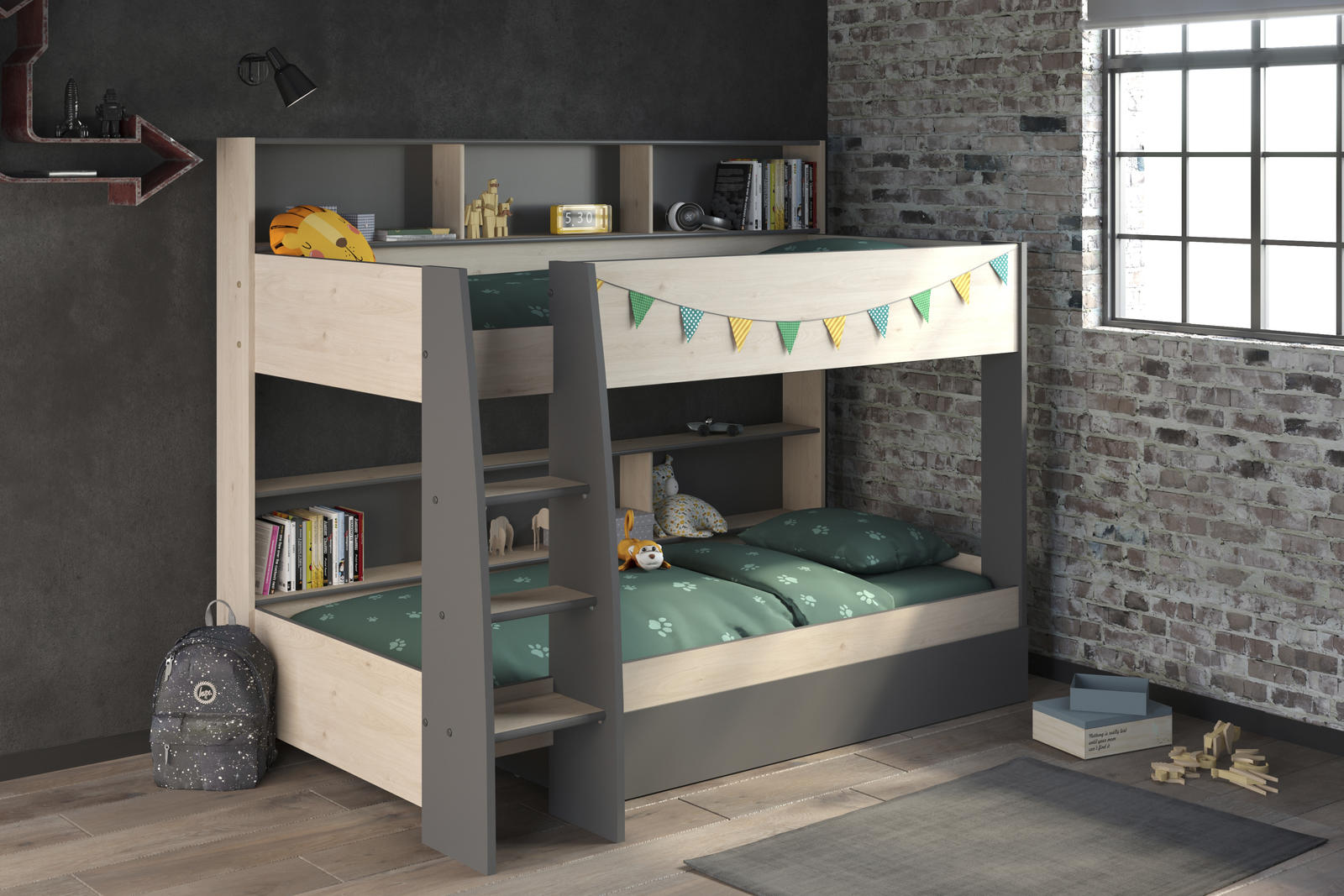 Łóżko piętrowe z szufladą dla dwójki dzieci Leo grey