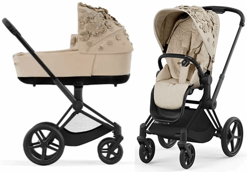 Cybex Priam 4.0 Fashion Collection - wózek głęboko-spacerowy -Simply Flowers Nude Beige-Chrome z brązową rączką
