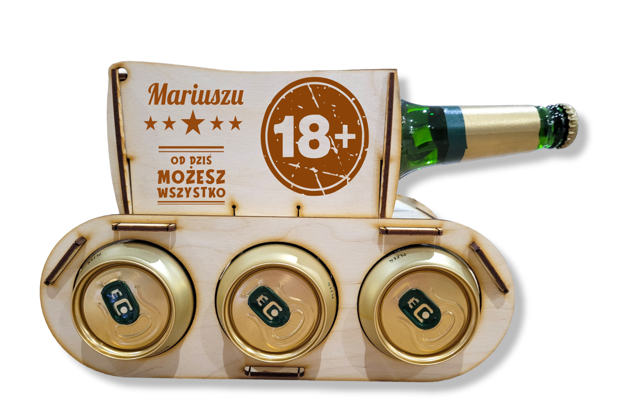 Drewniany czołg na piwo, alkohol, prezent 18, 30, 40, 50 urodziny dla dziadka, chłopaka, taty, kawalerski - GRAWER, IMIĘ, NAPIS