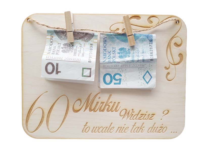 Drewniana kartka na prezent, pieniądze- 60 urodziny IMIĘ, grawer