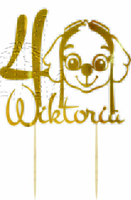 Topper urodzinowy Psi Patrol Sky napis złoty dekoracja na tort pik z imieniem