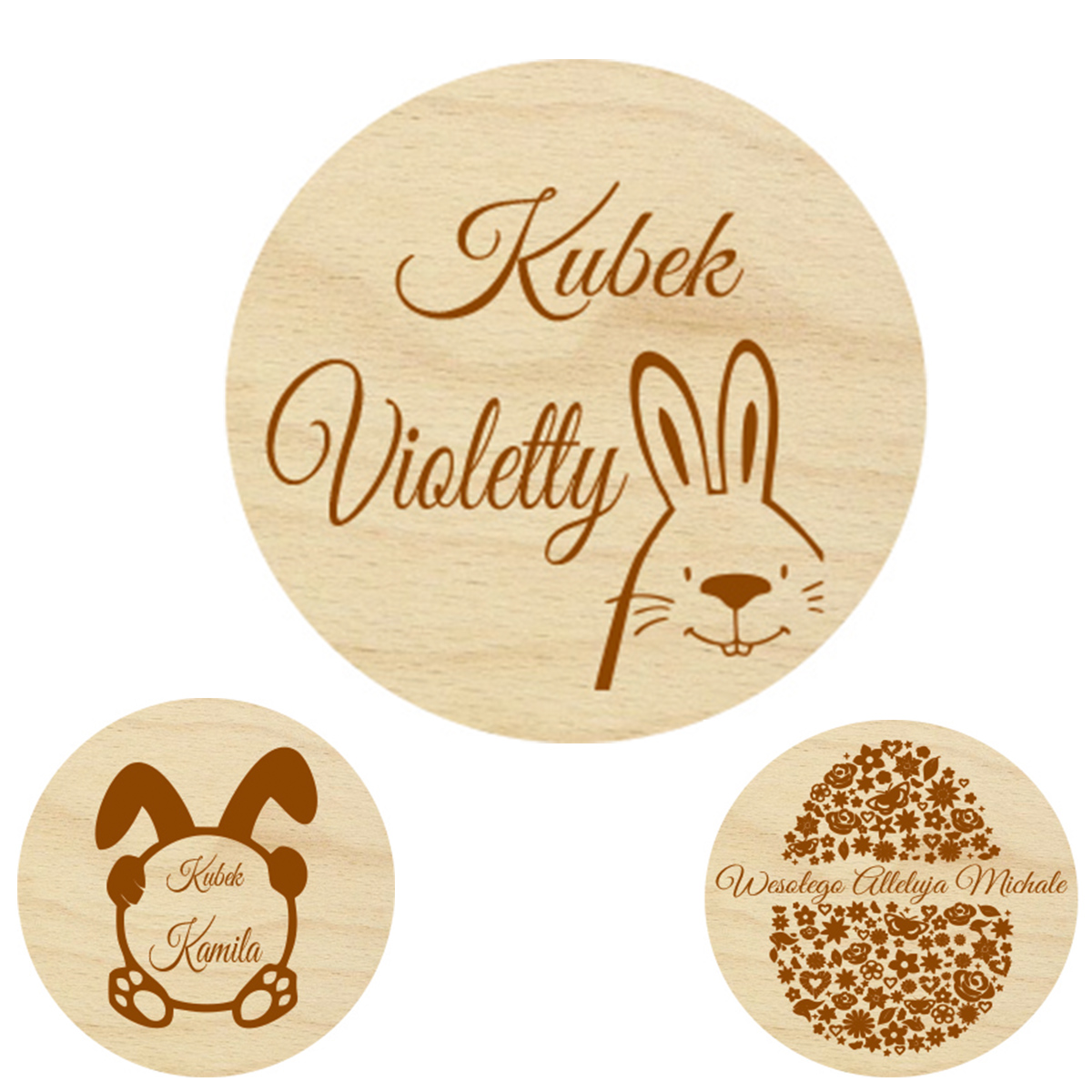 Drewniana podstawka podkładka pod kubek szklankę świecę z Imieniem na prezent śiwęta Wielkanoc grawer personalizacja słowo napis