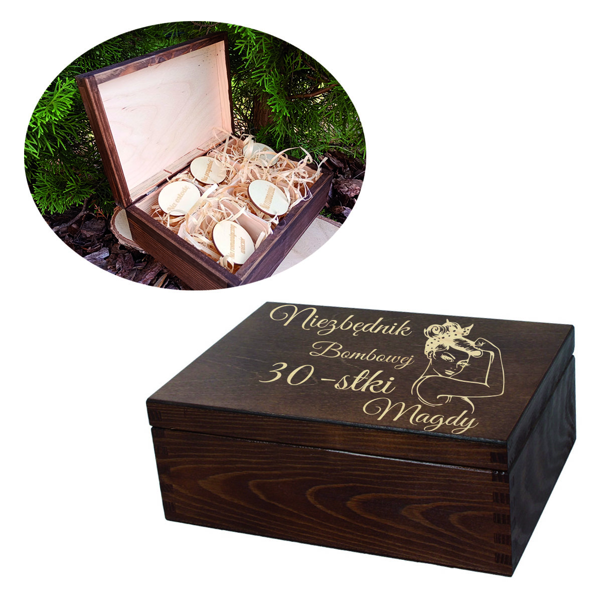 Drewniane pudełko, niezbędnik, prezent na 30, 40, 50 urodziny personalizacja brąz
