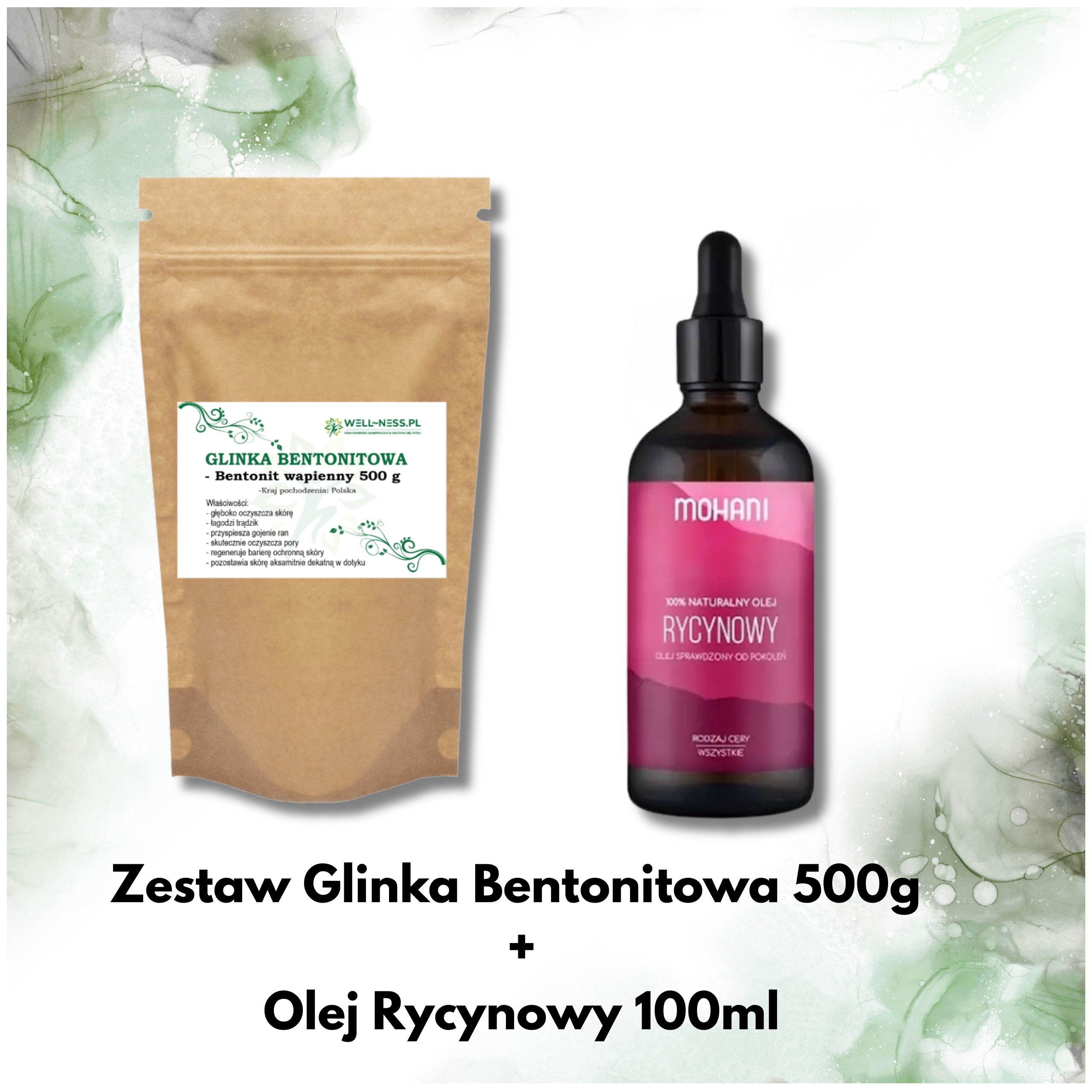 Zestaw glinka bentonitowa - bentonit wapienny 500g + olejek rycynowy kosmetyczny Mohani 100 ml
