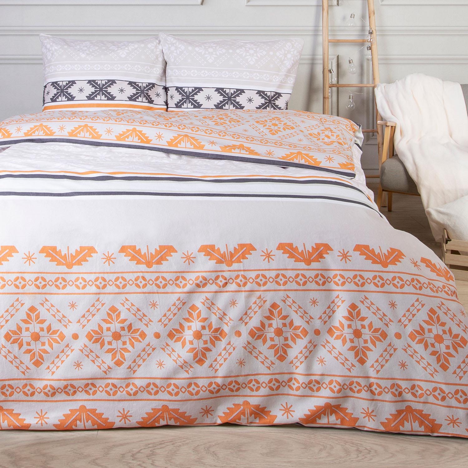 Pościel świąteczna 160x200 GRUBA 100% BAWEŁNA FLANELOWA boho pomarańczowy