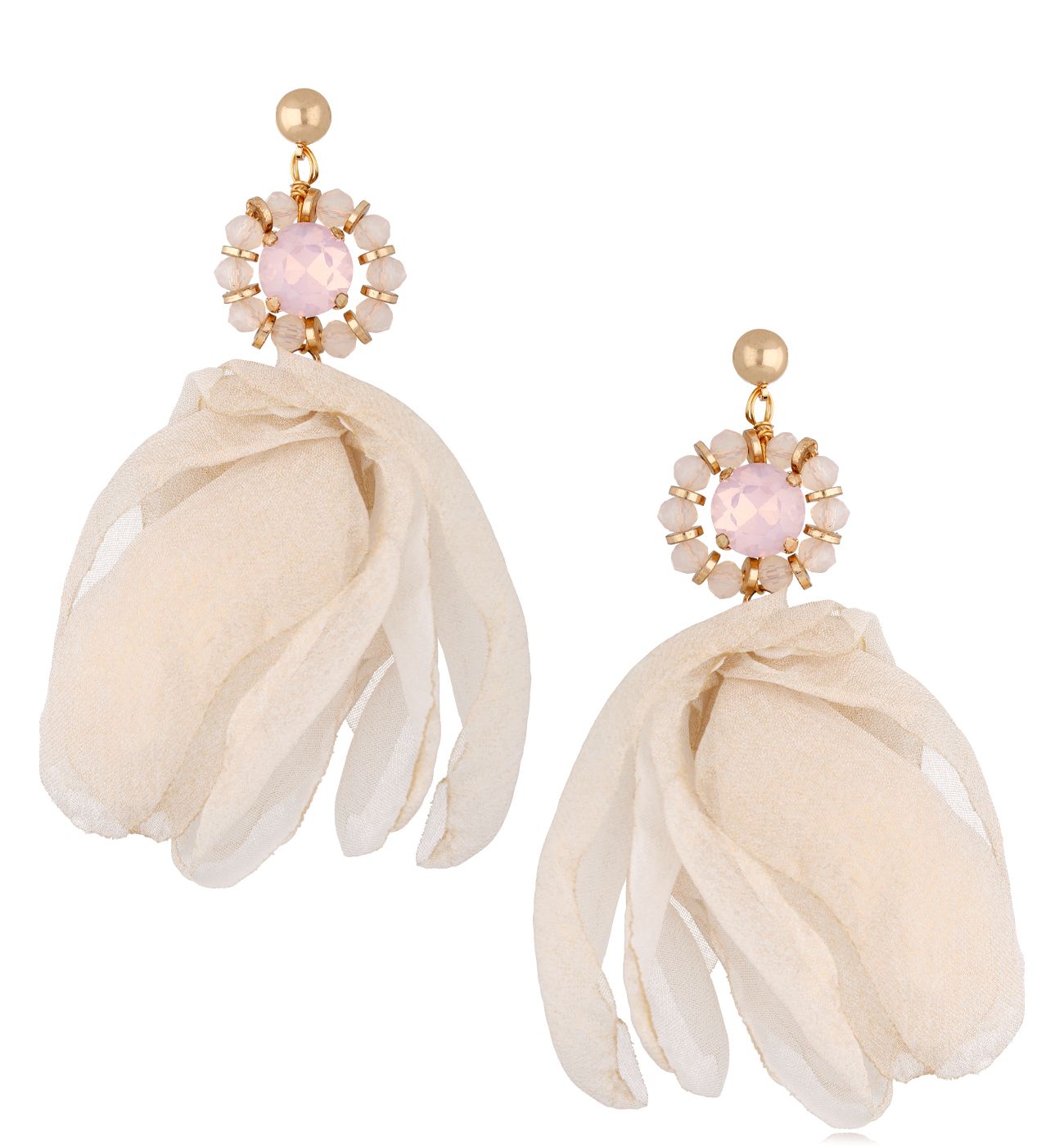 Kolczyki beżowe migdałowe z szyfonu z kryształami Aabira KBL1385