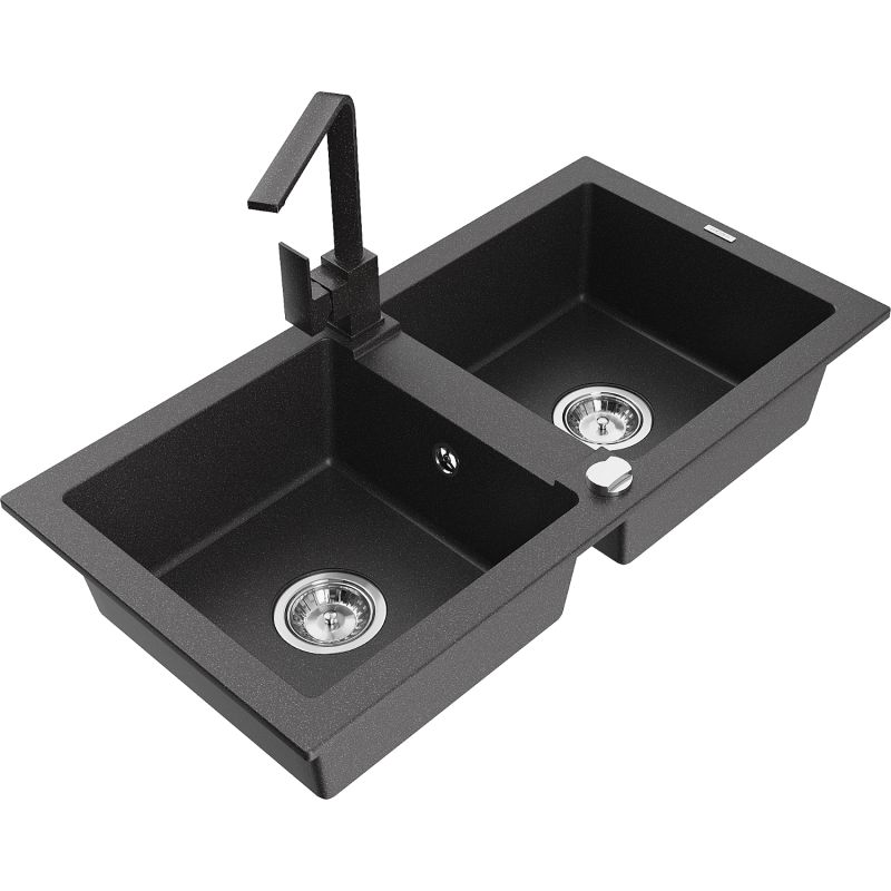 Zlewozmywak granitowy 2-komorowy Mexen Mario z baterią kuchenną Rita czarny/srebrny metalik - 6504-73-670300-70 1 szt.