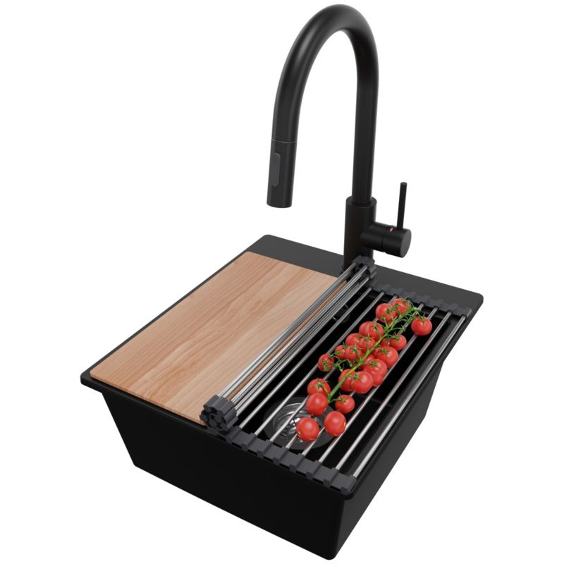 Zlewozmywak Granitowy Ryga Easy PRIMAGRAN Nablatowy 38x44cm do szafki od 40cm z Syfonem i Baterią i Dodatkiem Czarny 1 szt.