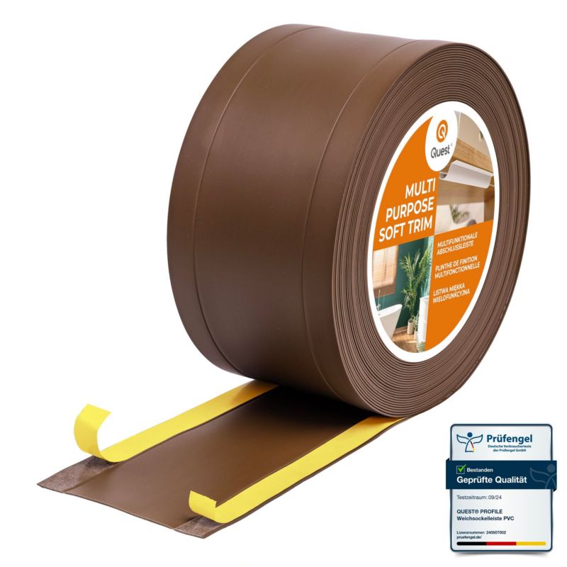 Listwa wykończeniowa W1 z PCV 6w1 95mm, QUEST samoprzylepna, maskująca elastyczna listwa podłogowa, ścienna, brąz, 20m