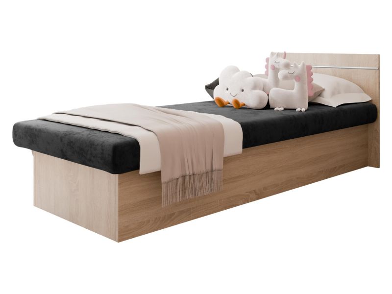 Łóżko jednoosobowe MIRJAN 24 Berta Bis 190x80 z pojemnikiem dąb sonoma + czarny plusz 1 szt.