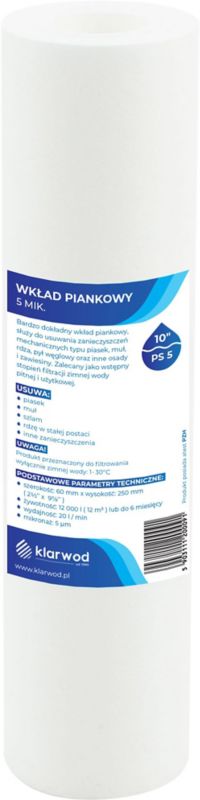 Wkład polipropylenowy Klarwod do filtra 10 PS 5 mikronów