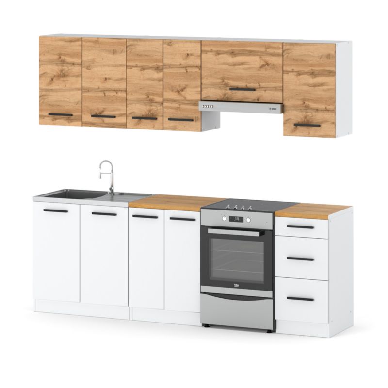 Zestaw Kuchenny Hurtownia-Mebli Z Blatem Kuchnia Mokka 240cm Biały Mat Dąb Wotan/Biały Mat 240x47x145 cm 1szt.