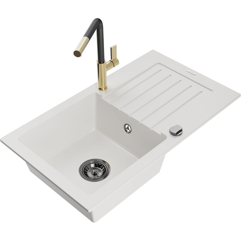 Zlewozmywak granitowy 1-komorowy Mexen Pablo z ociekaczem i baterią kuchenną Flora biały 6510-20-670401-57-B