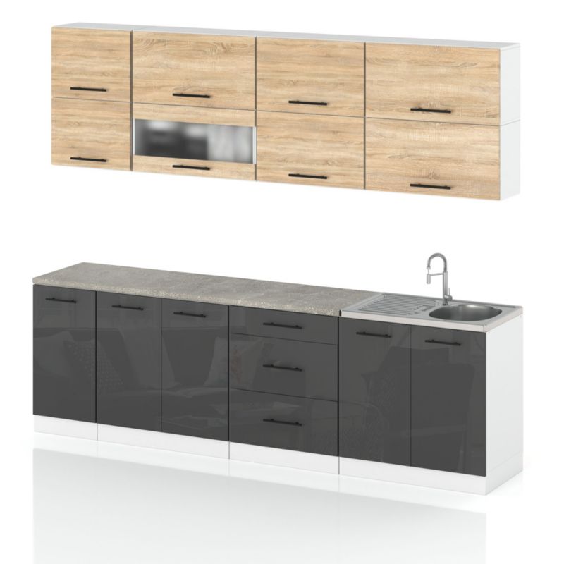 Zestaw Kuchenny Hurtownia-Mebli Z Blatem Kuchnia Robo Lux 260cm Biały Mat Dąb Sonoma/Szary Połysk 260x52x157 cm 1szt.