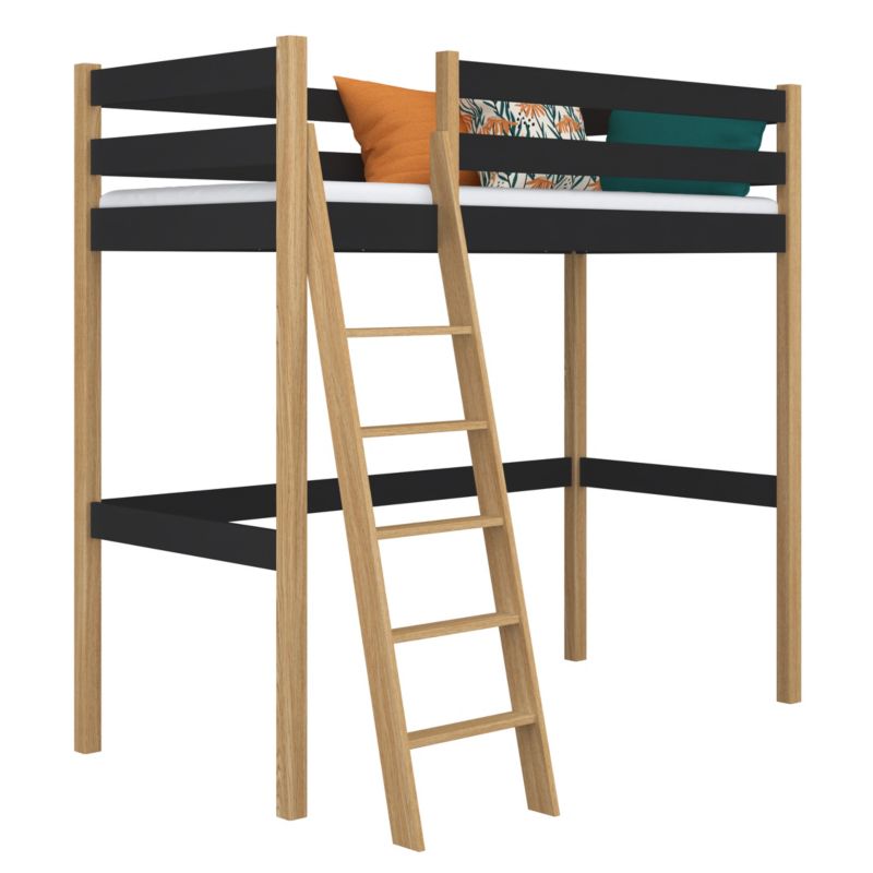 Drewniane łóżko na antresoli N-WOOD N03 90x180 czarny / dąb naturalny 1 szt.