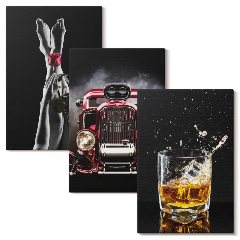 Komplet Obrazów Na Płótnie Wallfluent 20x30 cm Kobiece nogi róża auto whisky 3 szt.