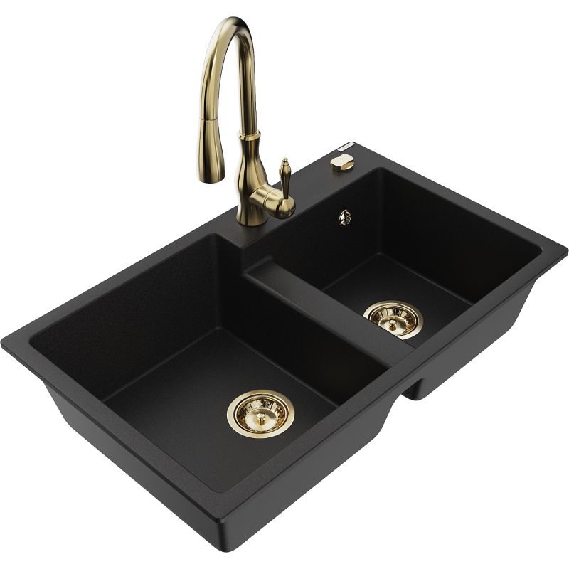 Zlewozmywak granitowy 2-komorowy Mexen Tomas z baterią kuchenną Savita czarny 6516-77-672601-50