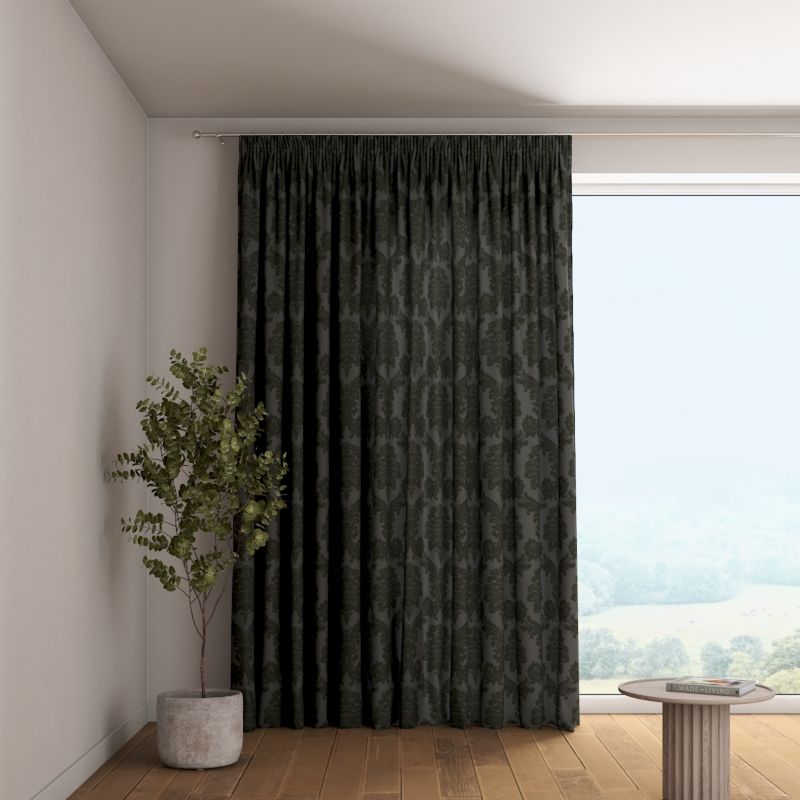 Zasłona na taśmie marszczącej 1 szt. 130 x 260 cm Dekoria czarne liście akantu na grafitowym tle 1 szt.