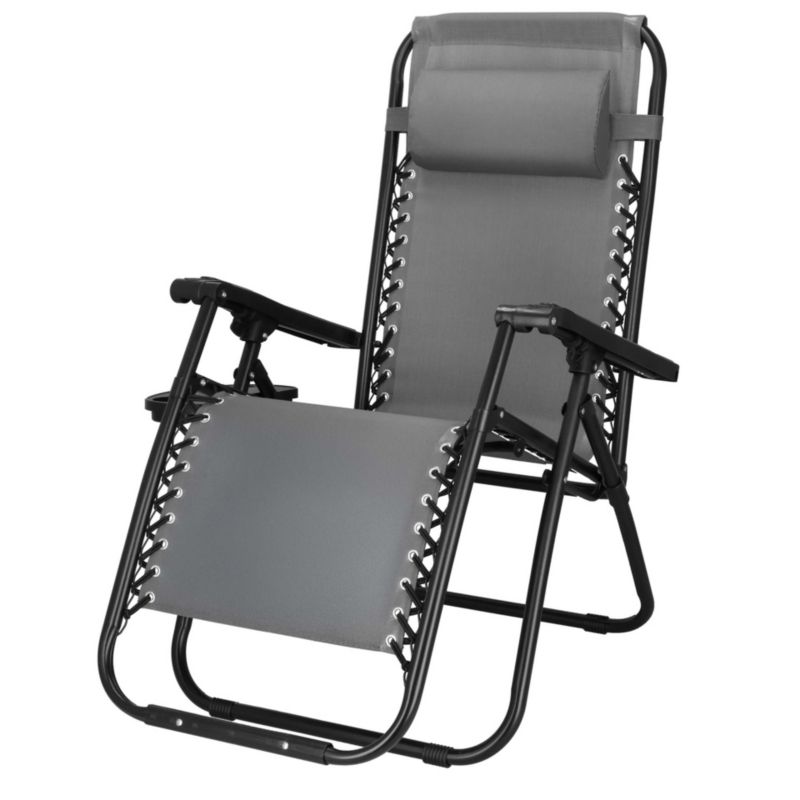 Leżak ogrodowy grawitacyjny Springos z zagłówkiem i półką na napoje składany szary 1 szt.