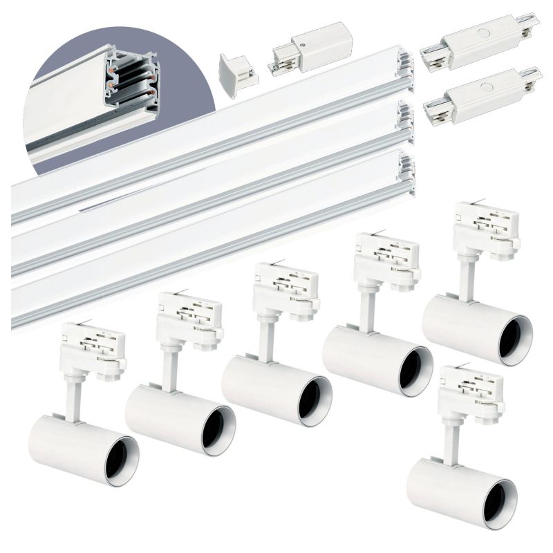 Zestaw szynowy 3-fazowy Kobi szyna 1m+1m+1m, 6x Lampa, łącznik prosty biały 1kpl.
