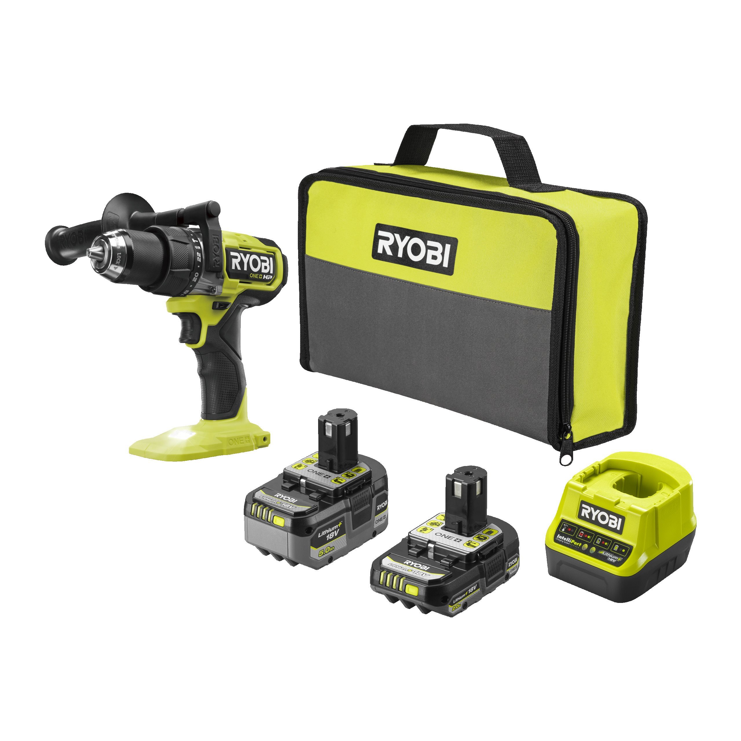 Bezszczotkowa wiertarko-wkrętarka udarowa High Performance 18V ONE+ w zestawie z dwoma akumulatorami 2.0 i 5.0 Ah, ładowarką i torbą