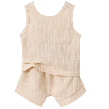 Letni komplet muślinowy koszulka na ramiączka + spodenki ecru NS