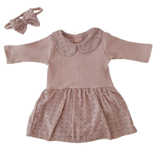 BODY SUKIENKA BODOSUKIENKA DŁUGI RĘKAW PRĄŻKOWANA + OPASKA AŻUROWA BRUDNY RÓŻ ZZ - 62